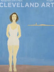  COVER  Bather, an Oil on linen  of a lady in a white swim suit  with a vast blue background representing water and a lighthouse in the distance on a small island. by  Alex Katz