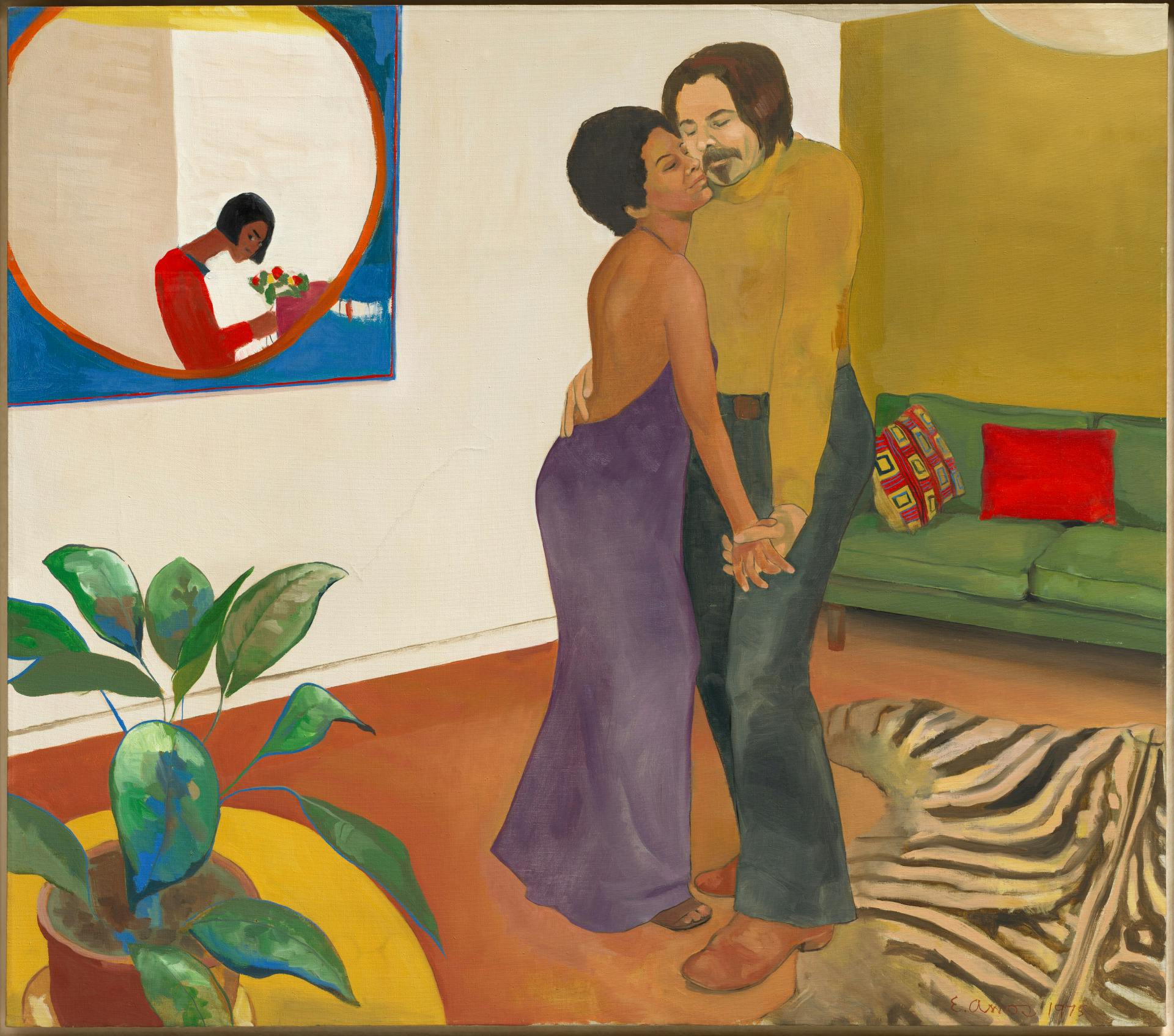 contemporary painting with saturated colors of two people dancing in a living room
